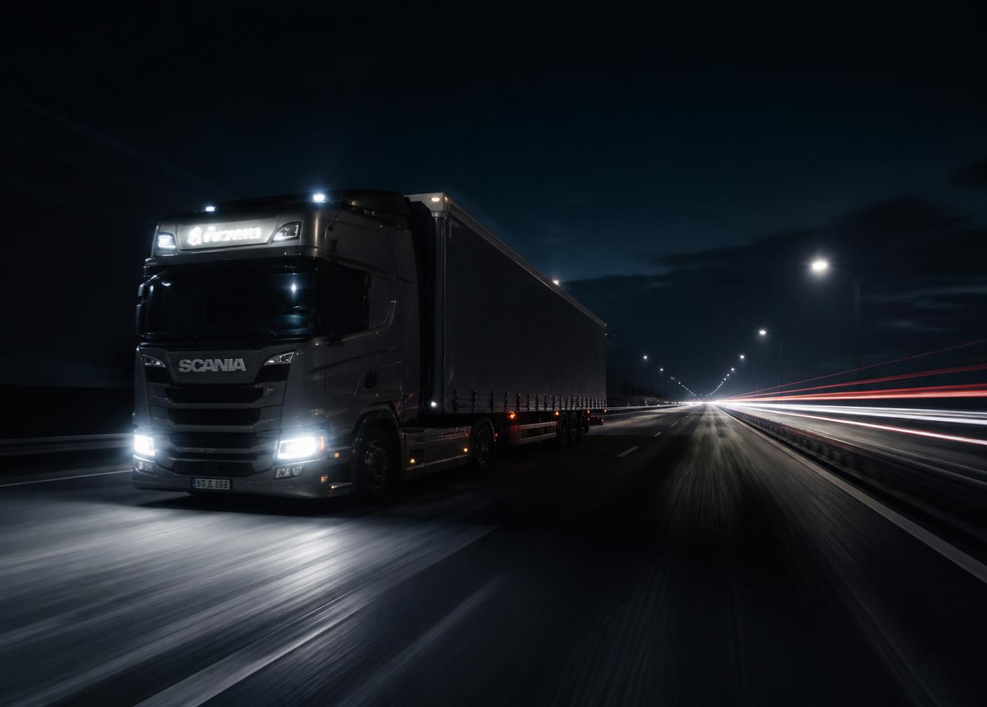 Autobahn bei Nacht mit Lichtspuren und einem LKW